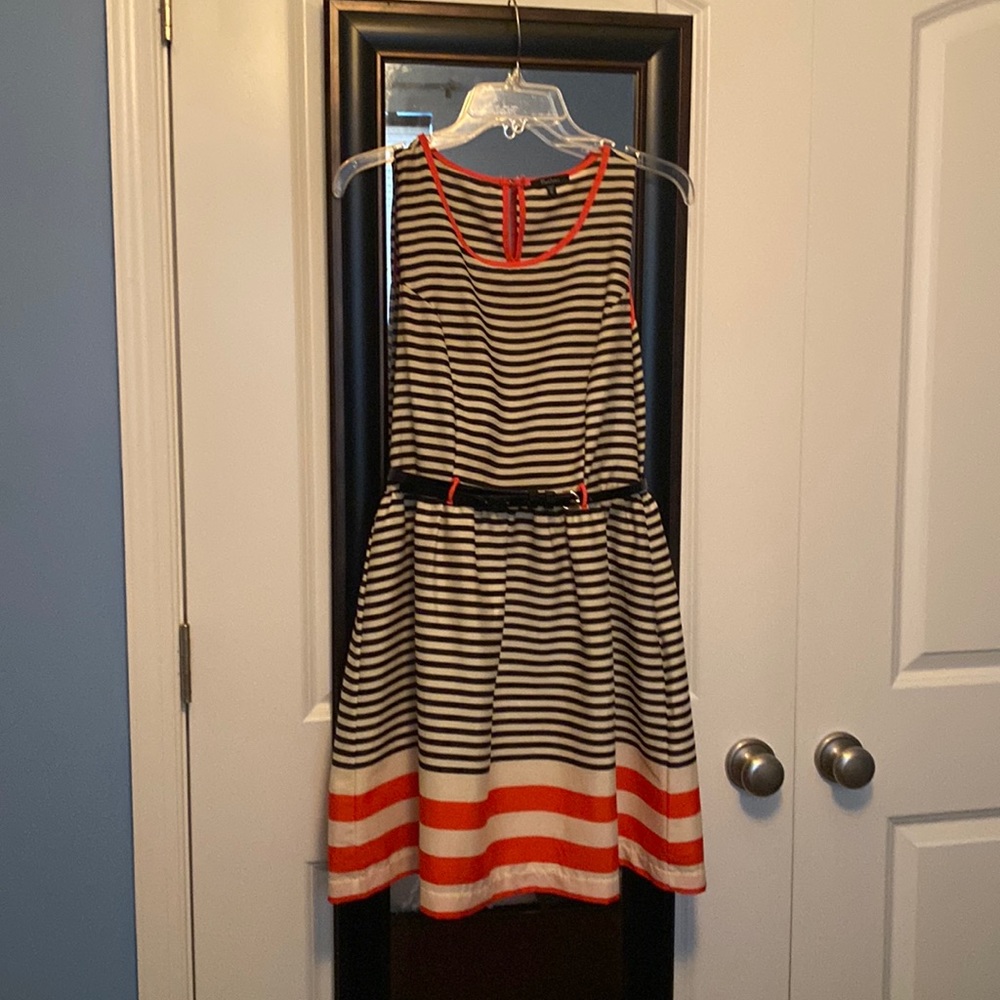 Monteau M Black and white striped dress with orange trim